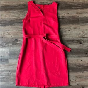 Classic Sleeveless Red Belted Sheath Dress